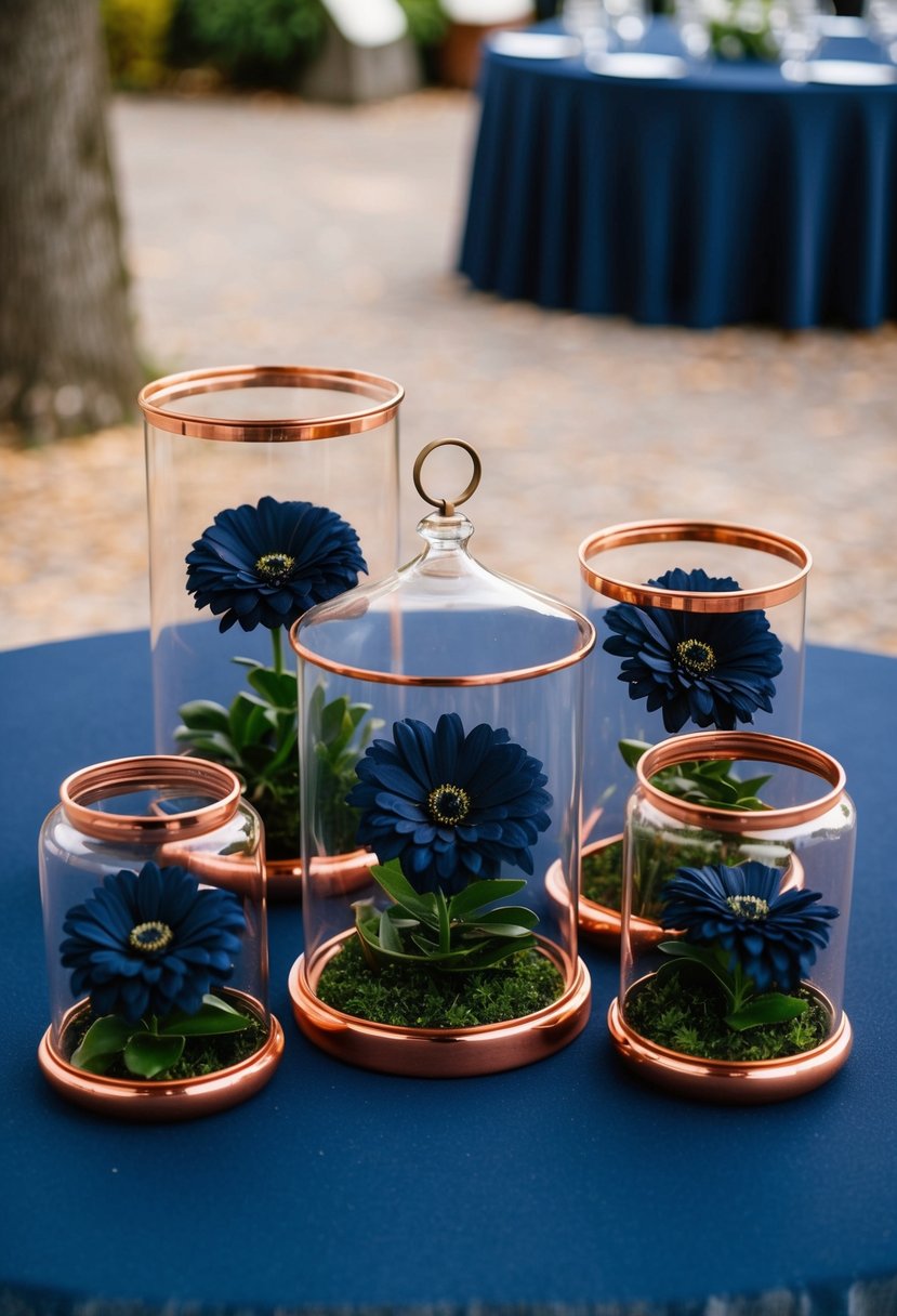 Copper terrariums filled with navy flowers arranged on a navy blue tablecloth