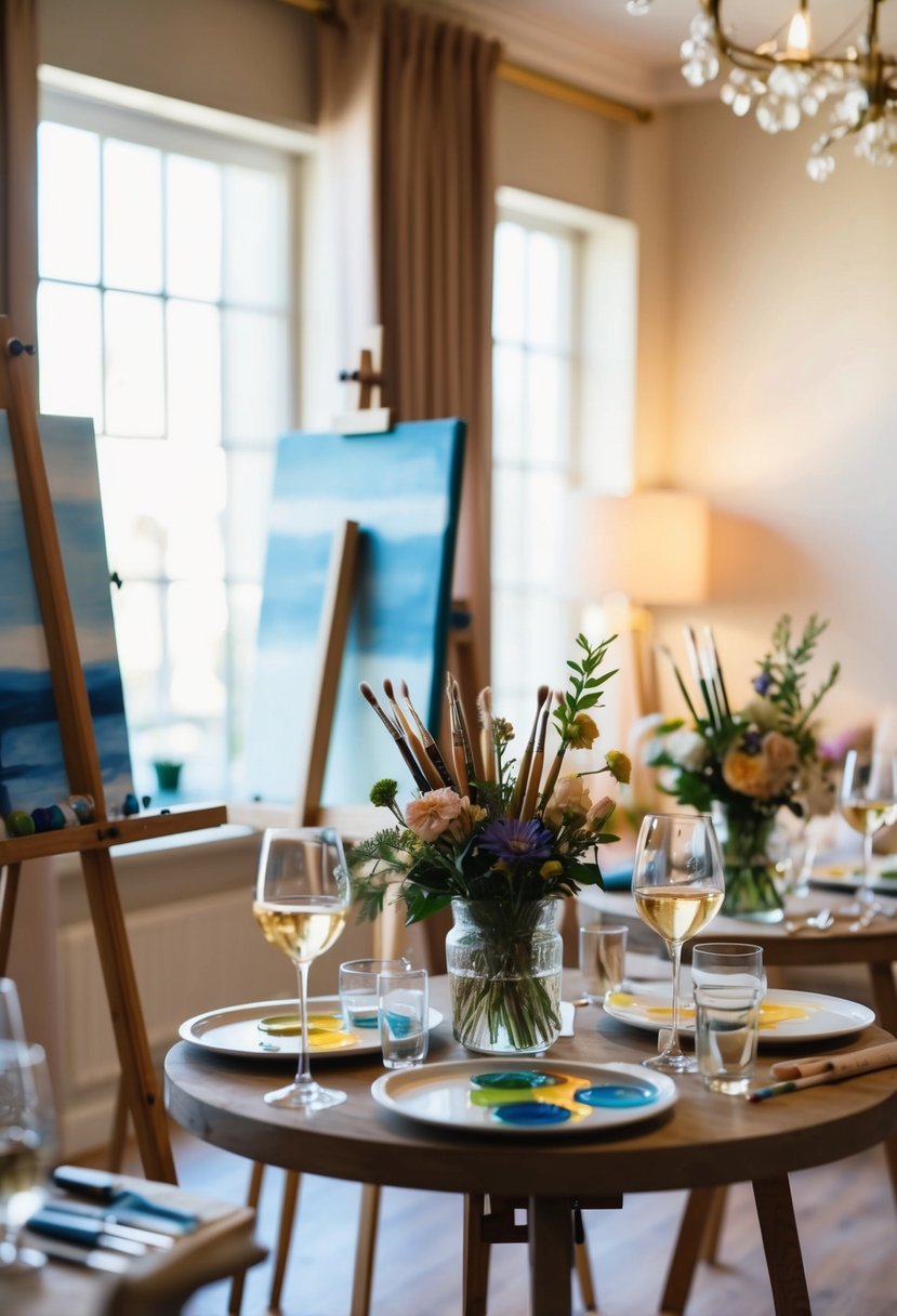 A cozy room with soft lighting, wine glasses, paintbrushes, and a canvas on easels. Tables are set with paint palettes and fresh flowers