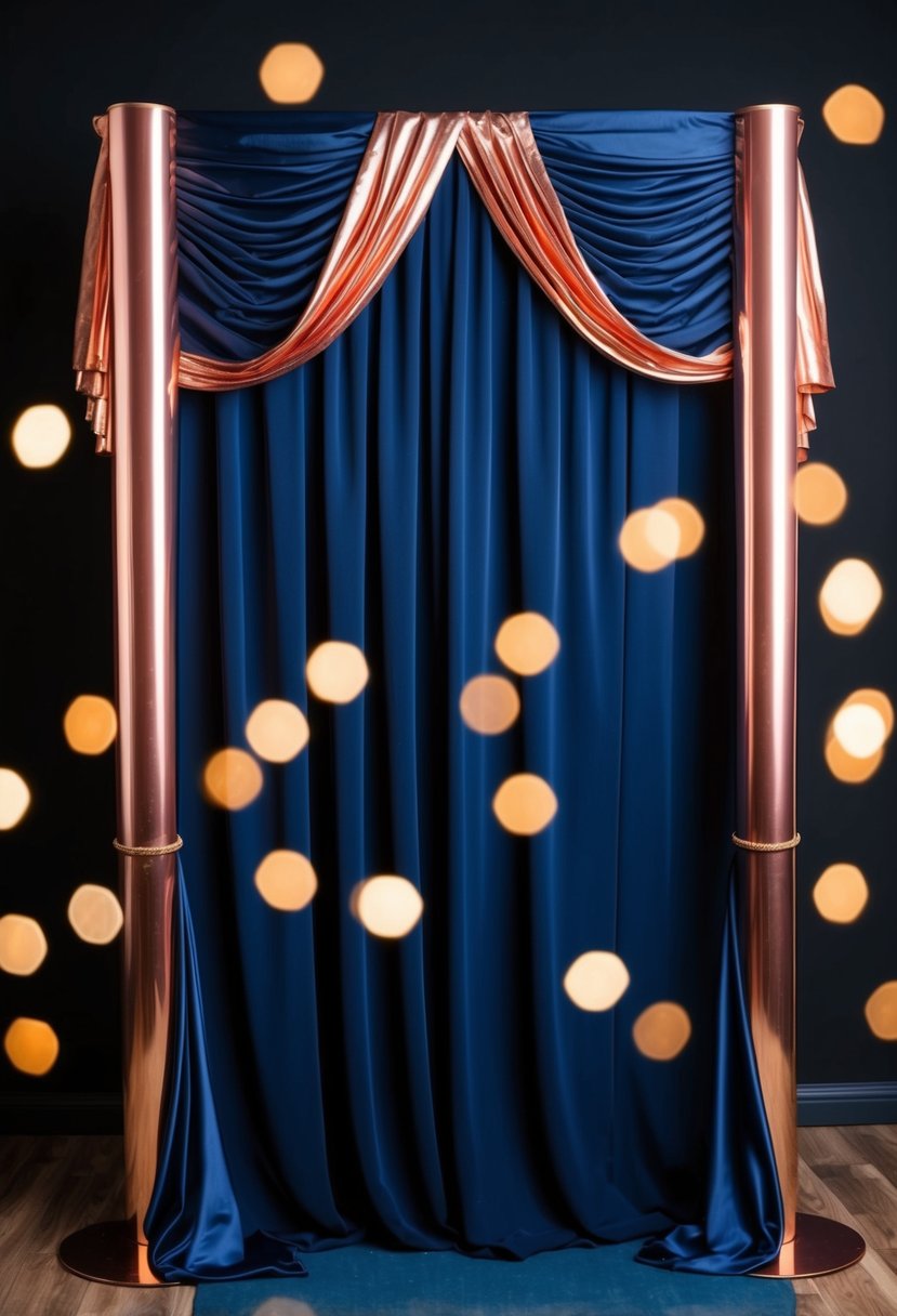 A navy blue and copper photo booth backdrop with elegant draping and metallic accents