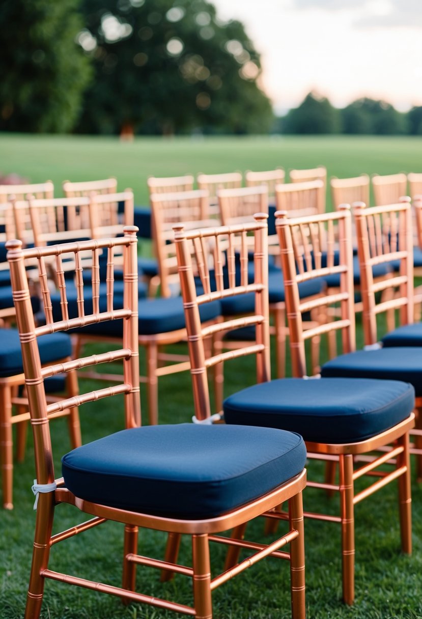 Copper chairs with navy cushions arranged in a wedding setting