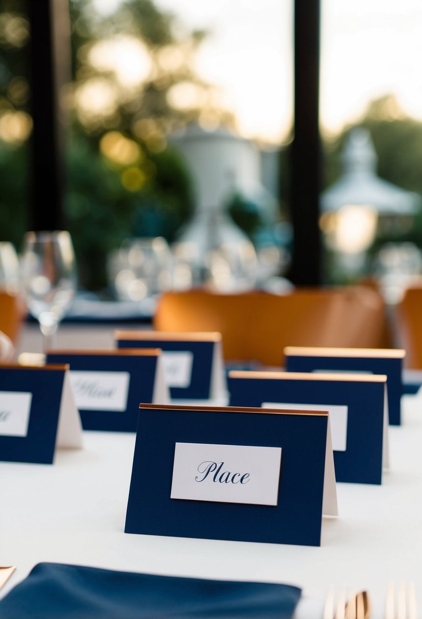 Navy blue place cards with copper edges arranged on a table