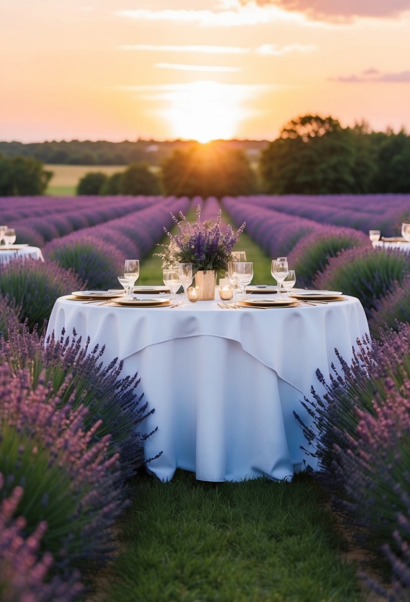 A lush lavender field under a golden sunset, with a table set for a wedding adorned with lavender and gold decor