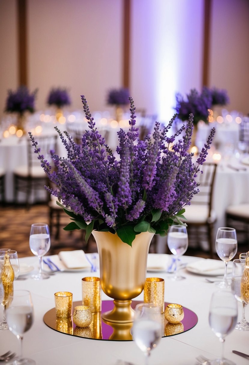 Lavender and gold centerpieces arranged on a wedding reception table