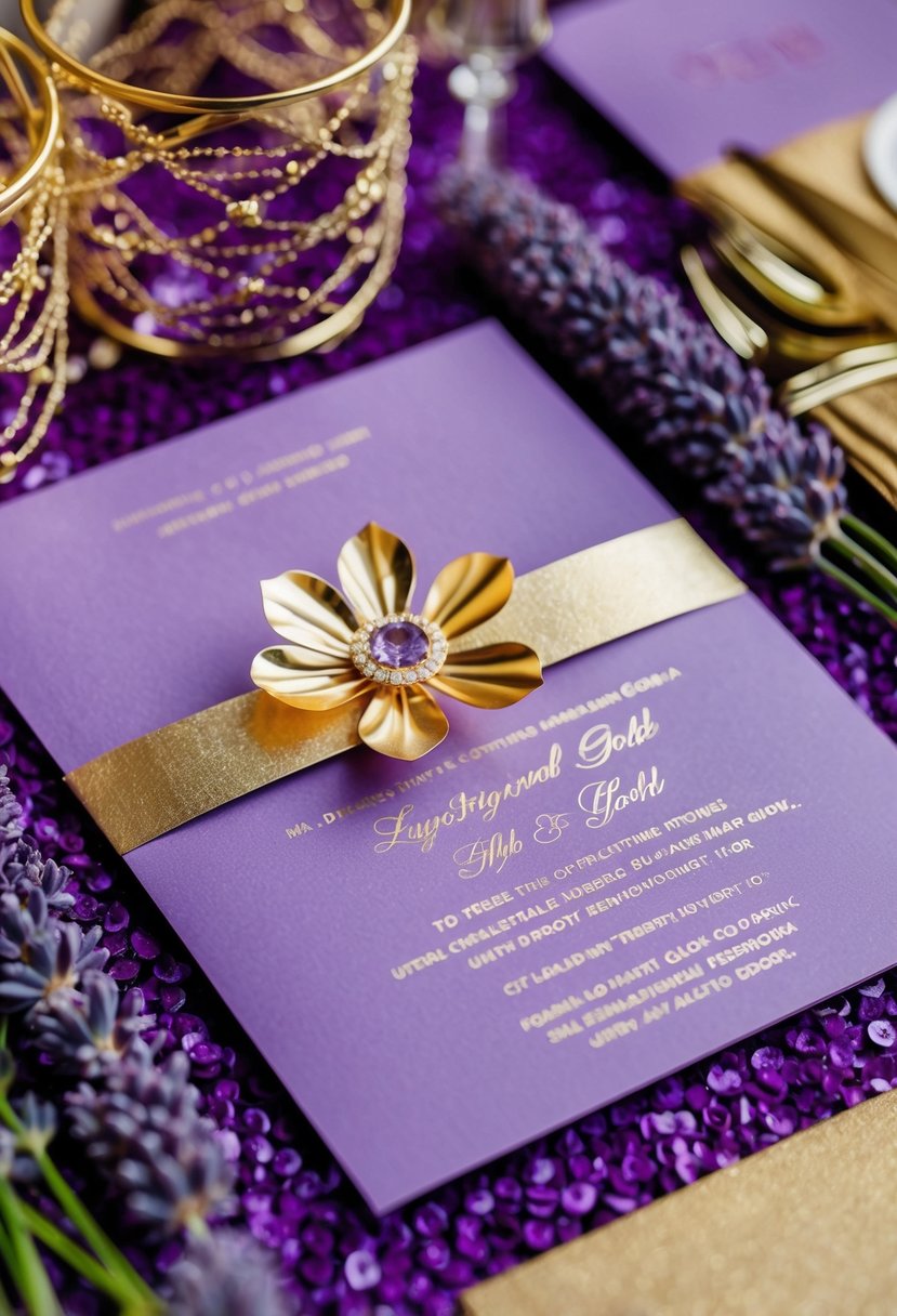 Lilac invitations with gold foil, surrounded by lavender and gold wedding decor