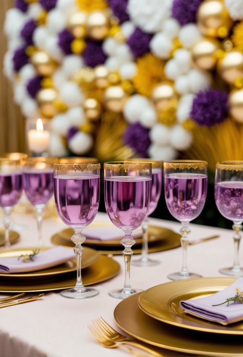 Gold-rimmed glassware filled with lavender-colored drinks, set against a backdrop of gold accents and decor for a luxurious wedding