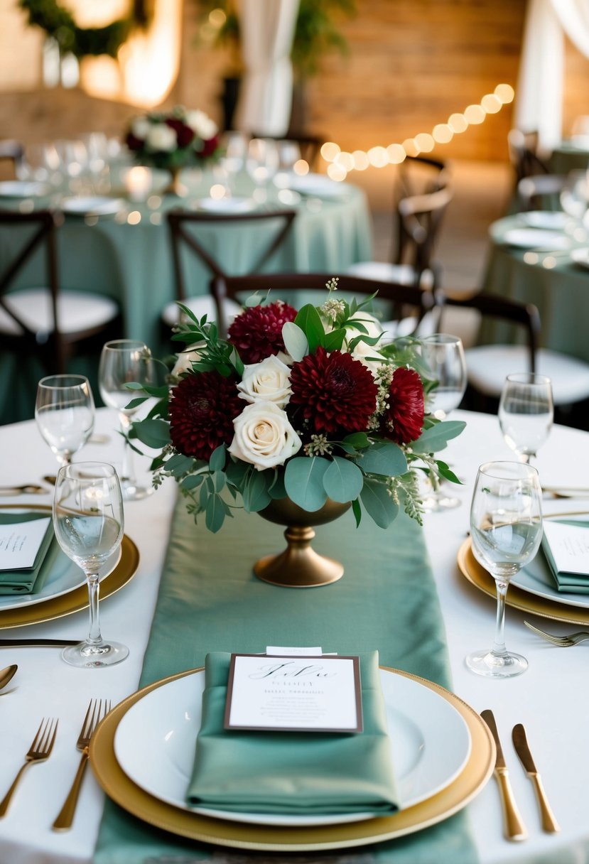 A wedding table set with sage green linens and wine red floral centerpieces