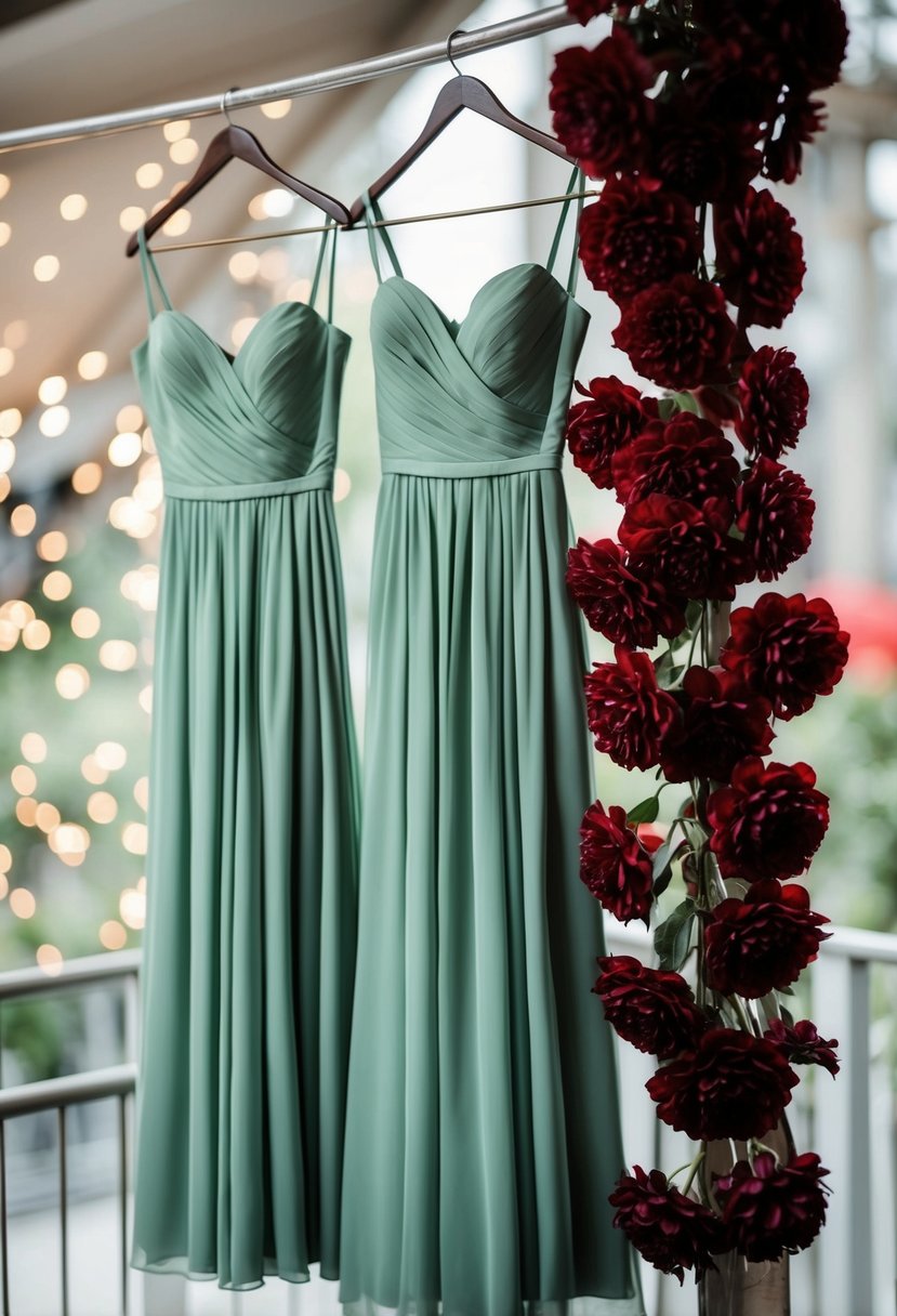 Two sage green bridesmaid dresses hanging next to wine red flowers