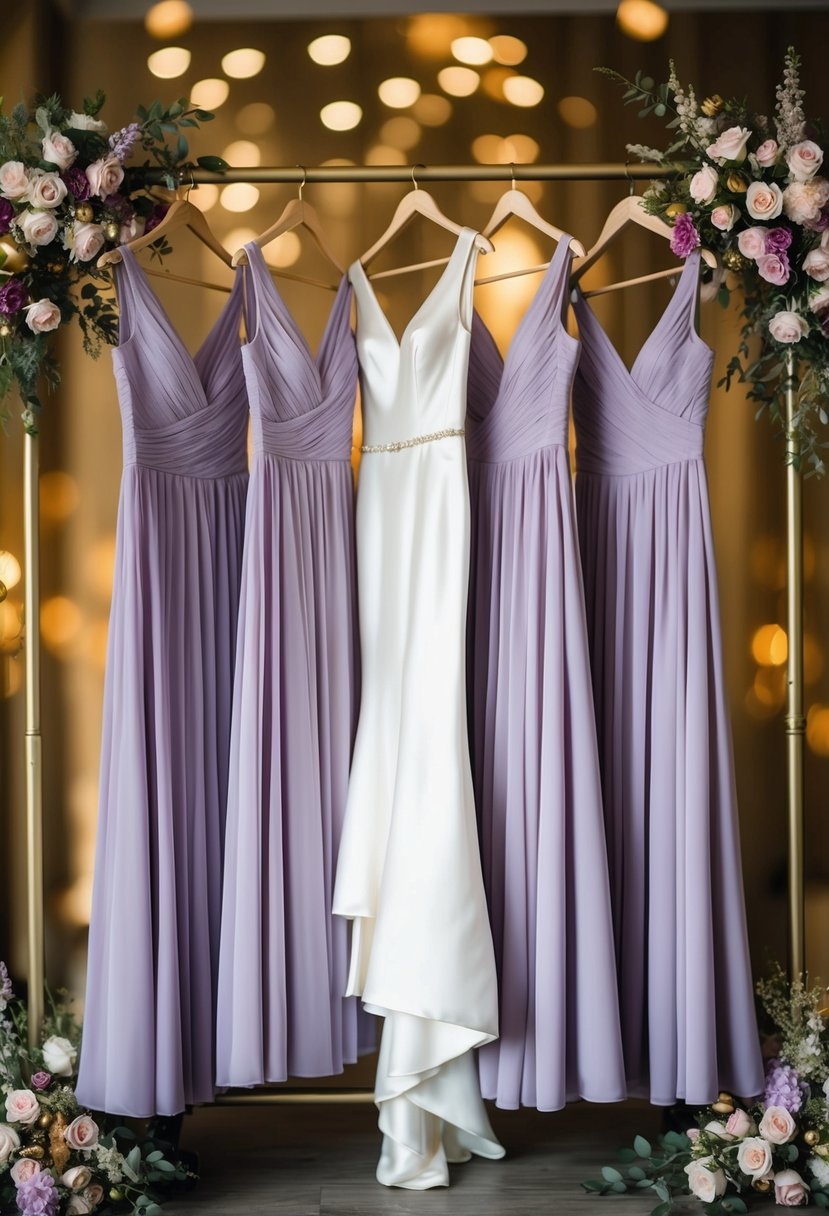 A group of lavender bridesmaid dresses hanging on a clothing rack, surrounded by gold wedding decor and floral arrangements