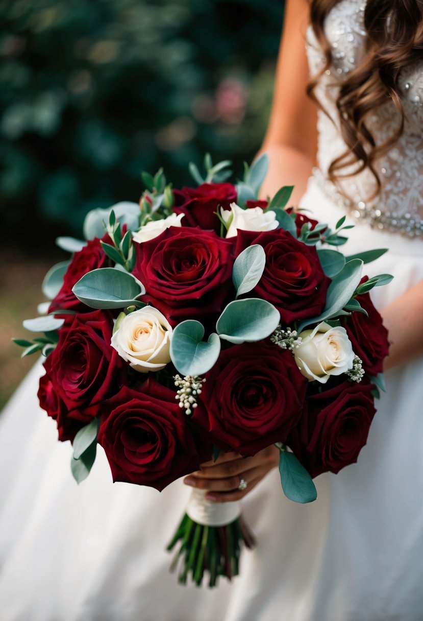 A wine red bridal bouquet with roses and sage green accents