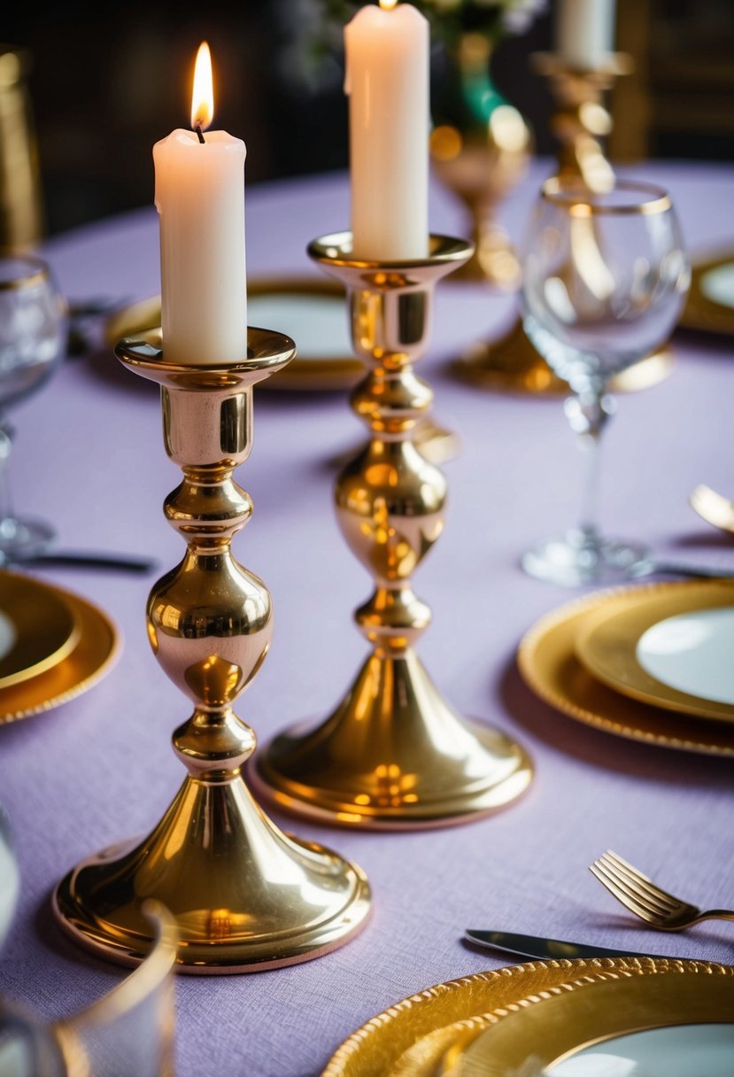 Golden candlestick holders stand on a lavender tablecloth, surrounded by gold accents