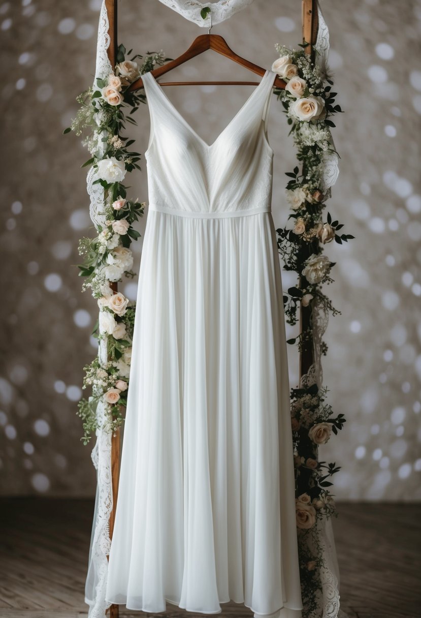 A flowing white dress hangs on a wooden hanger, surrounded by delicate lace and floral details