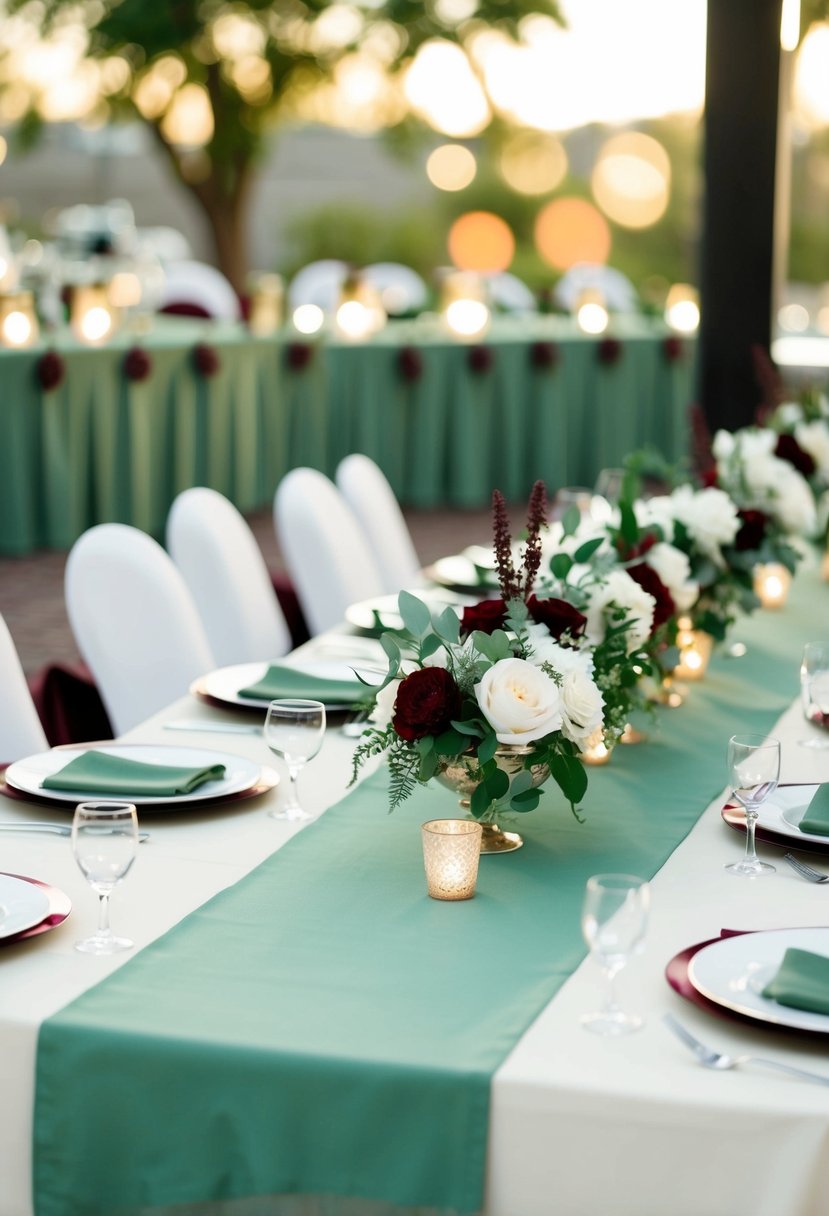 A reception table adorned with sage green table runners, complemented by wine red accents