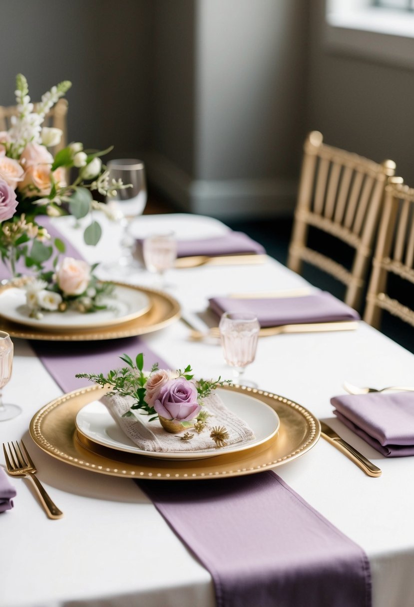 Lavender table runners on a gold table setting with floral accents