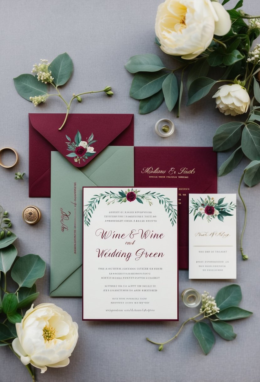 A wedding invitation suite featuring wine red and sage green colors, with floral and vine motifs