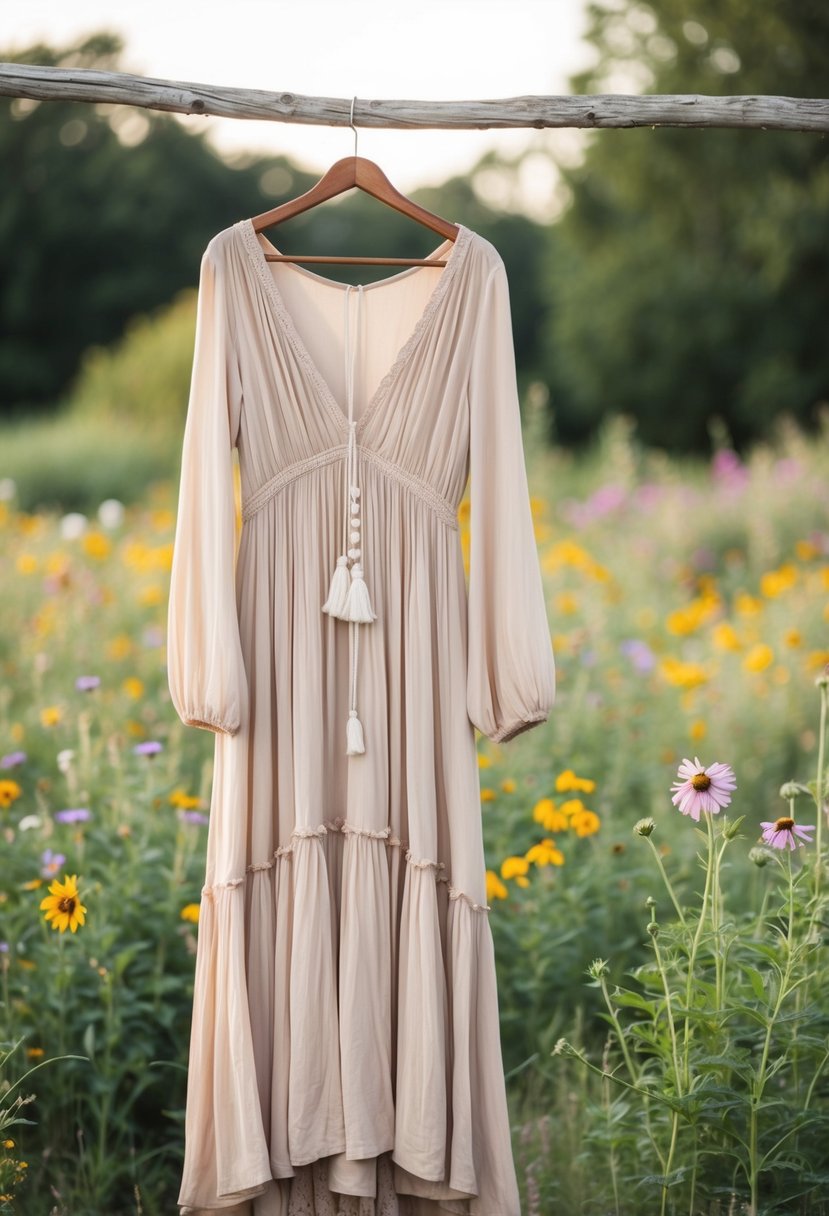 A flowing, bohemian long-sleeve dress hangs on a rustic wooden hanger against a backdrop of wildflowers and greenery