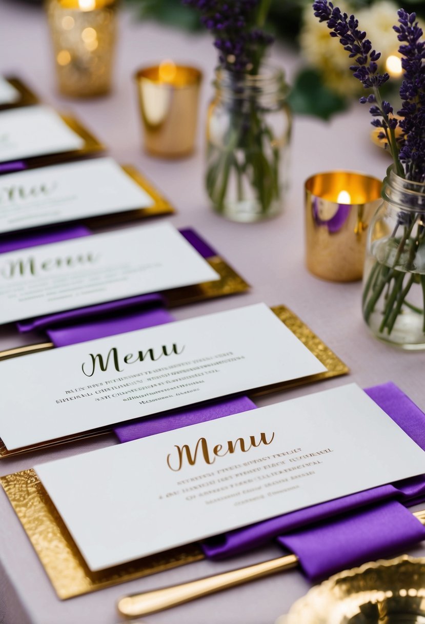 Gold-embossed menu cards arranged with lavender and gold decor for a wedding color scheme