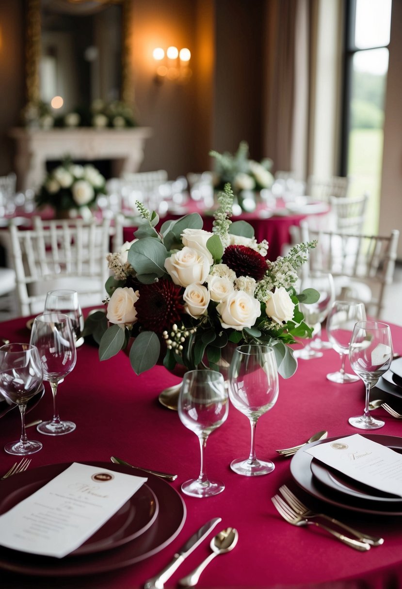 A wine red table adorned with elegant centerpieces in sage green and wine red, creating a sophisticated and romantic ambiance for a wedding celebration