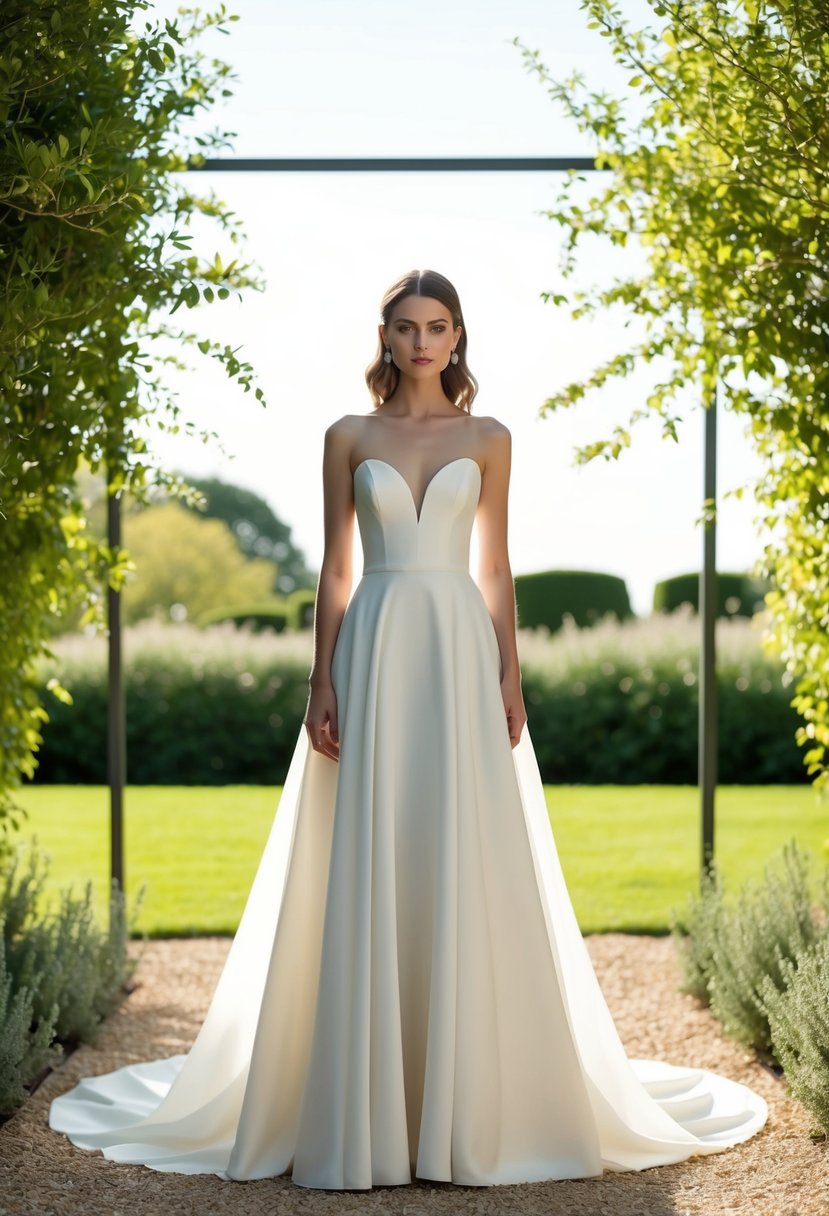 A bride standing in a sunlit garden, wearing a flowing A-line minimalist gown, with a backdrop of simple, elegant greenery