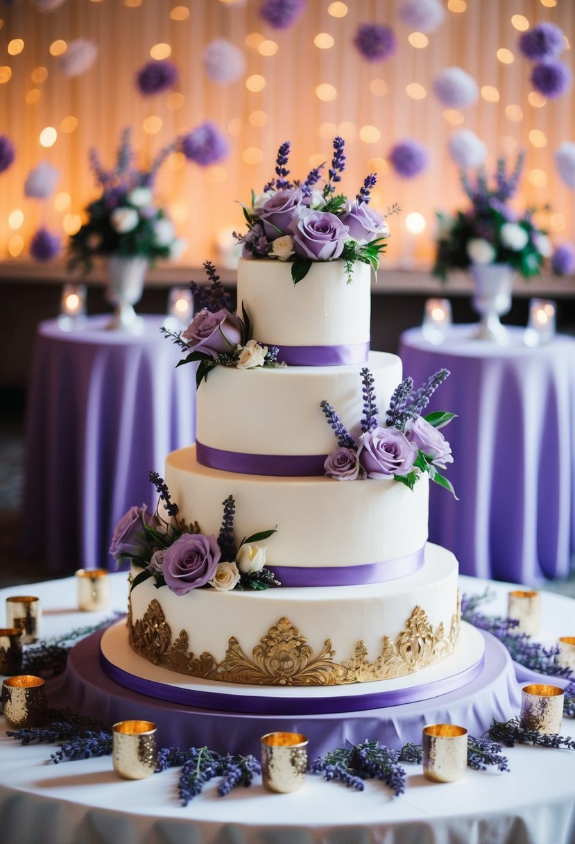 A three-tiered wedding cake adorned with lavender flowers and gold accents sits on a table surrounded by lavender and gold decor