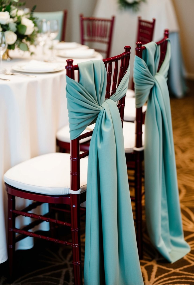 Sage green shawls draped over wine red chairs at a wedding reception