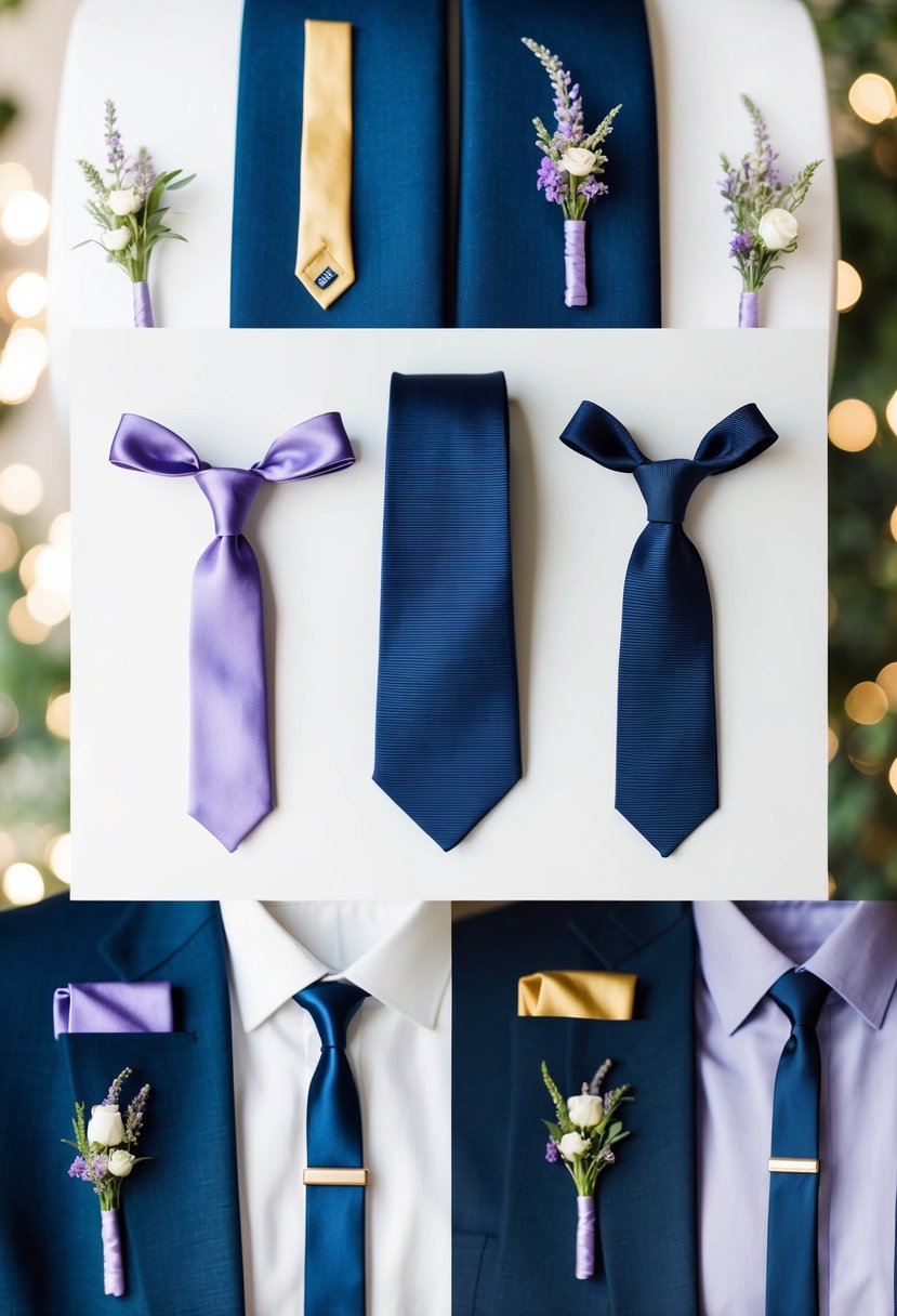 Navy blue and gold ties with lavender and gold accents arranged in a stylish wedding color palette