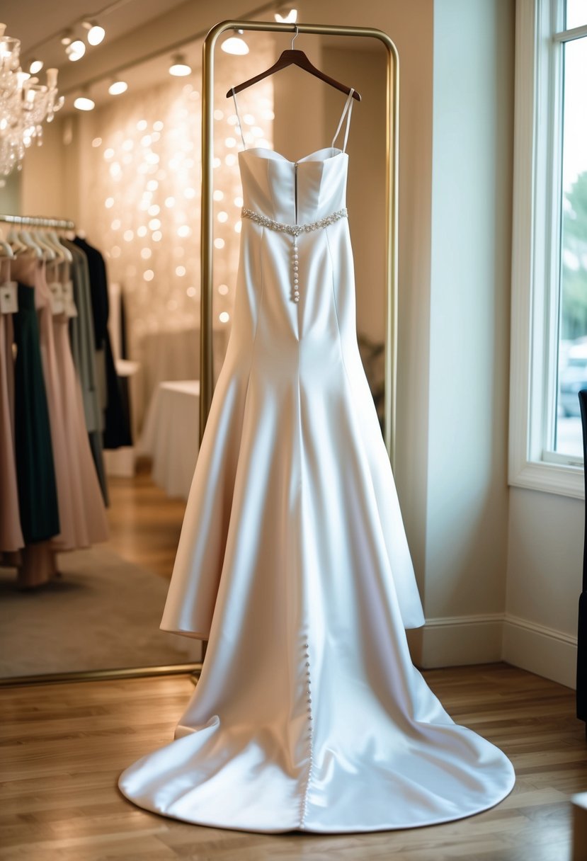 A satin gown with a flowing train hangs from a hanger in a softly lit bridal boutique