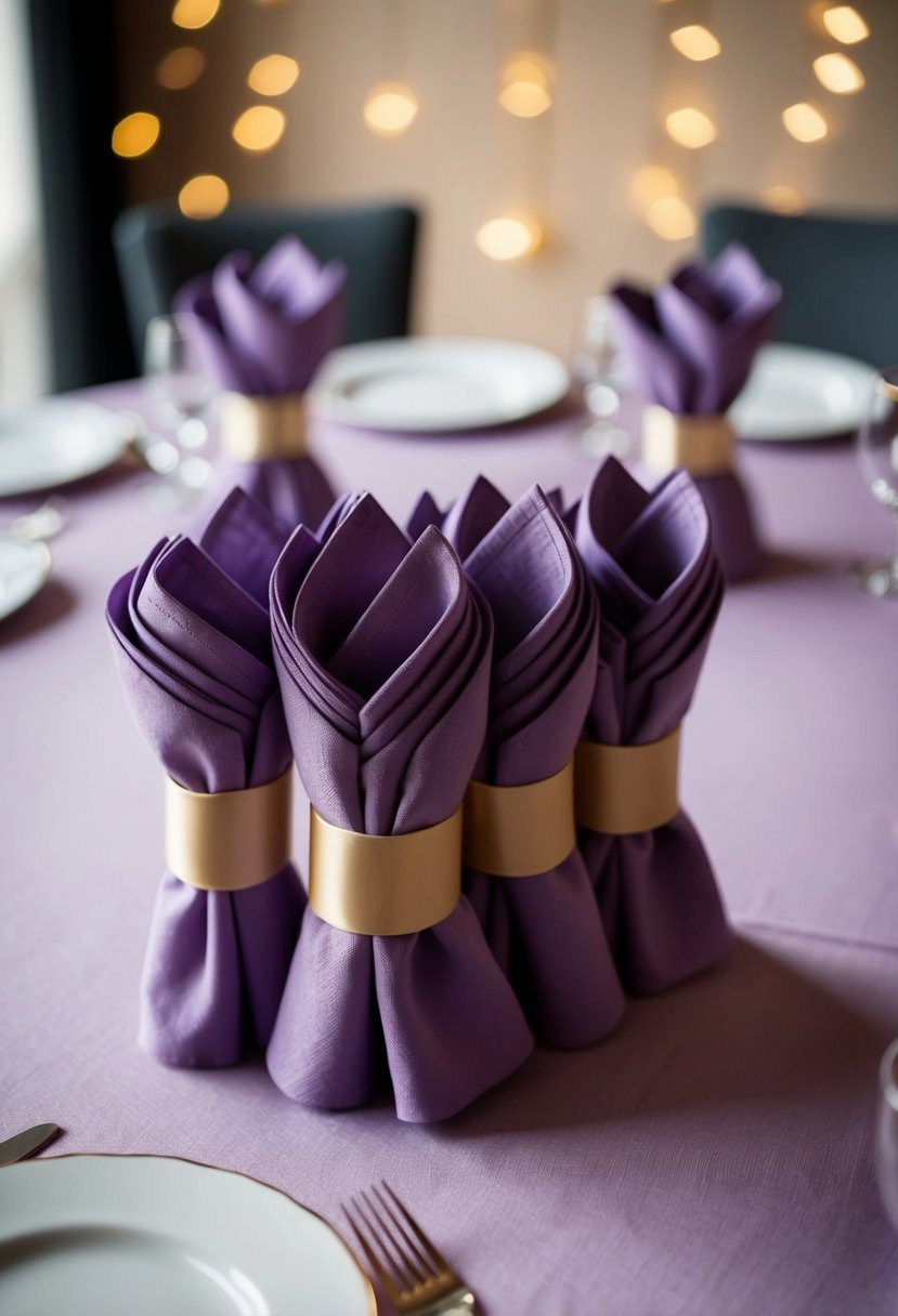 Lavender napkins arranged with gold ribbon on a table