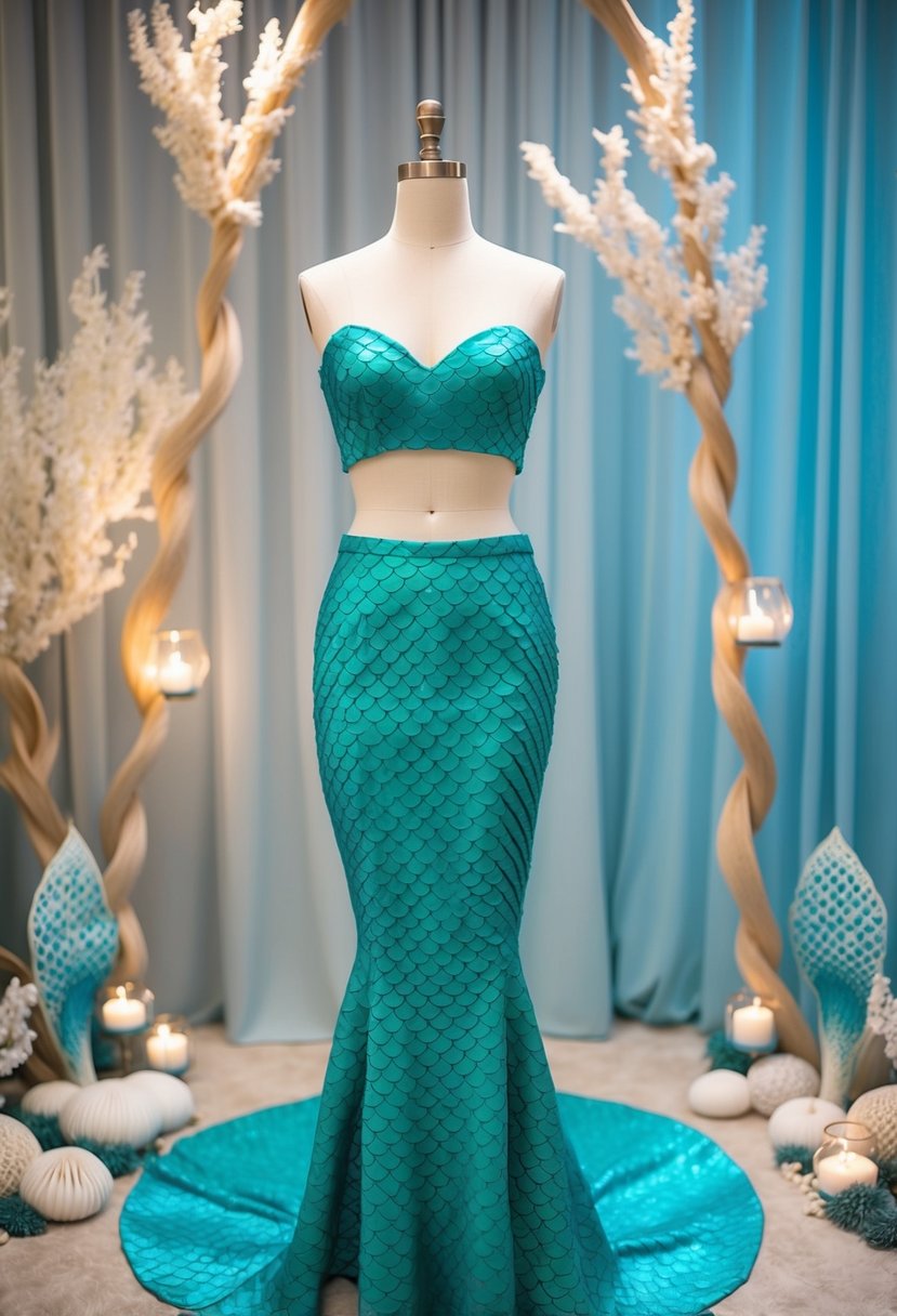 A mermaid two-piece wedding dress displayed on a mannequin, surrounded by ocean-themed decor and soft lighting