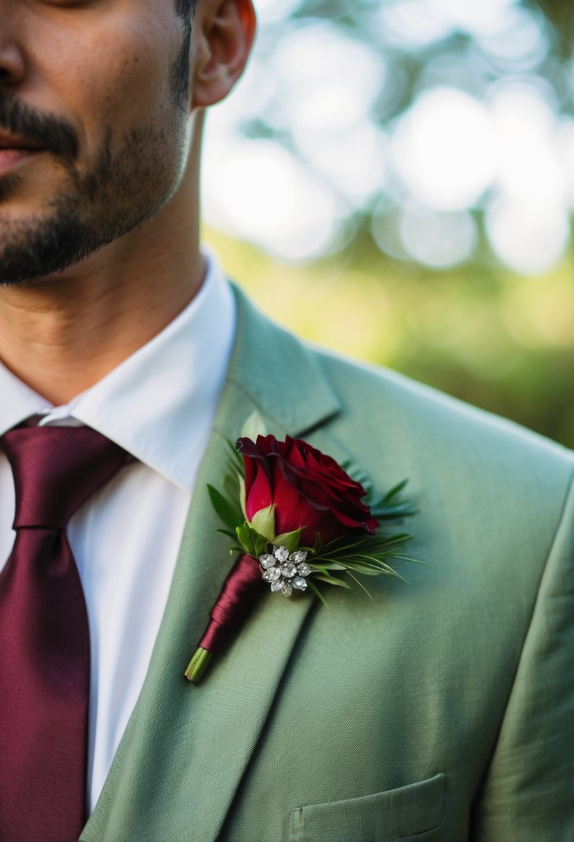 A wine red boutonniere pinned on a sage green suit lapel