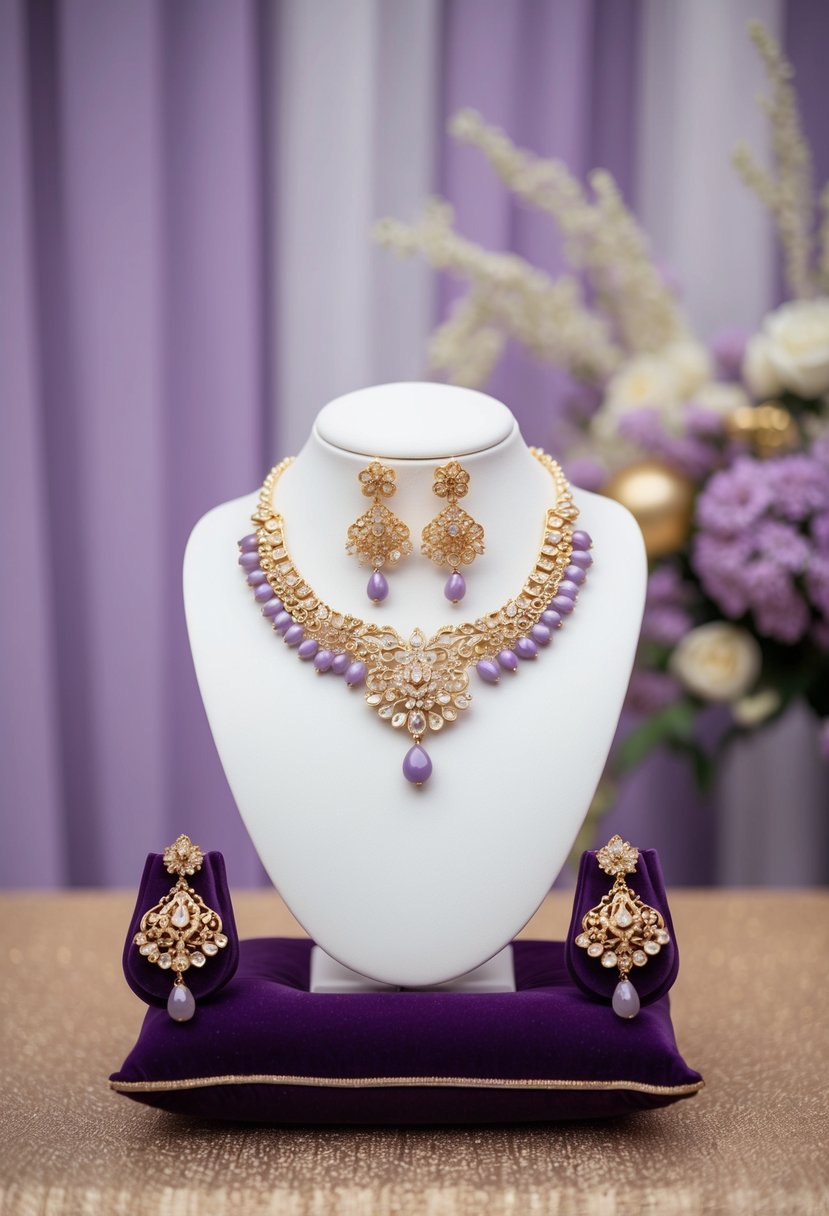 A lavender and gold bridal jewelry set with intricate gold accents, displayed on a velvet cushion against a backdrop of soft lavender and gold wedding decor