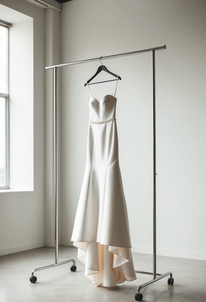 A minimalist, modern wedding gown hangs on a sleek metal clothing rack in a softly lit, airy studio space