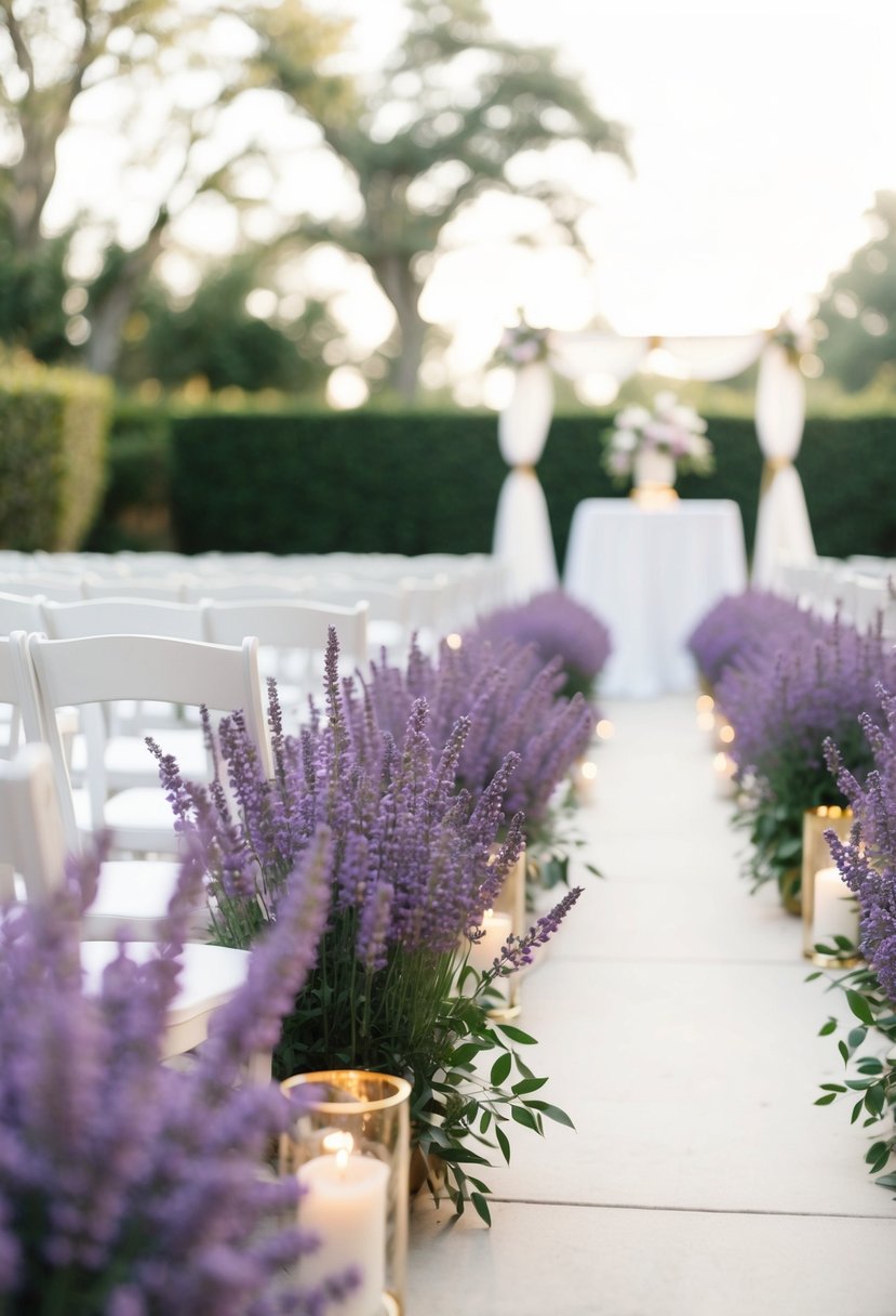 A stunning lavender flower aisle with gold accents for a wedding