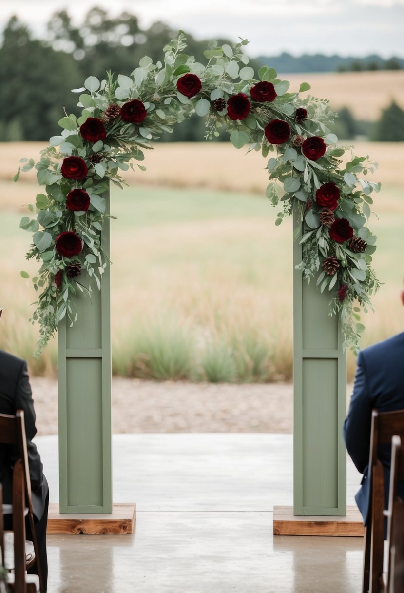 A rustic sage green ceremony arch adorned with wine red accents