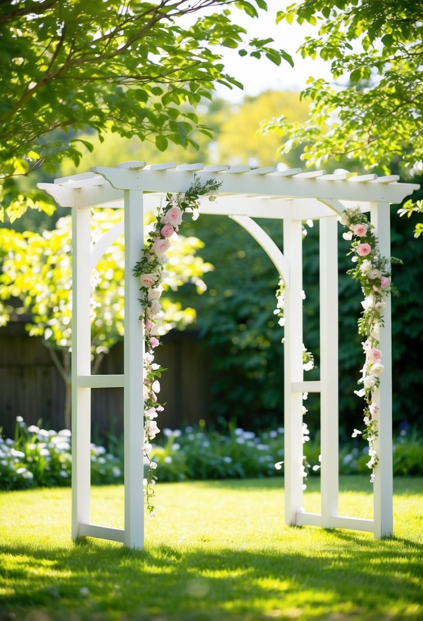 A bright, airy garden setting with a simple wooden arbor adorned with delicate floral decorations. Sunlight filters through the leaves, casting dappled shadows on the ground