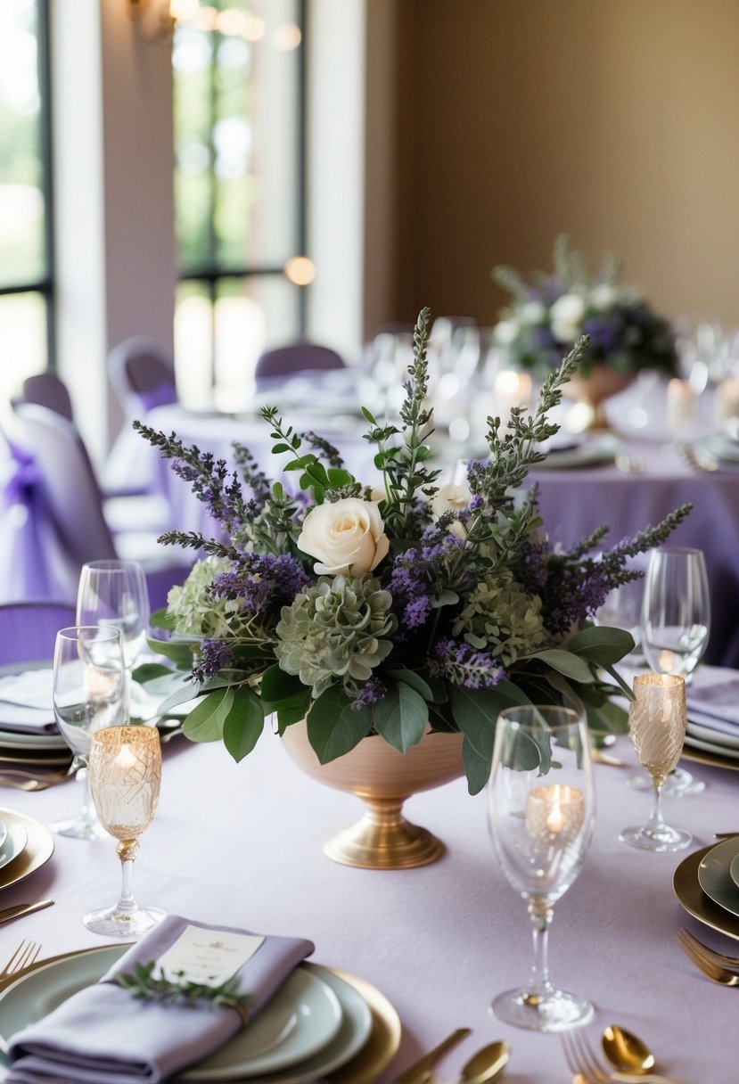 A table adorned with sage and lavender bouquets, accented with gold details, sets the scene for a lavender and gold wedding