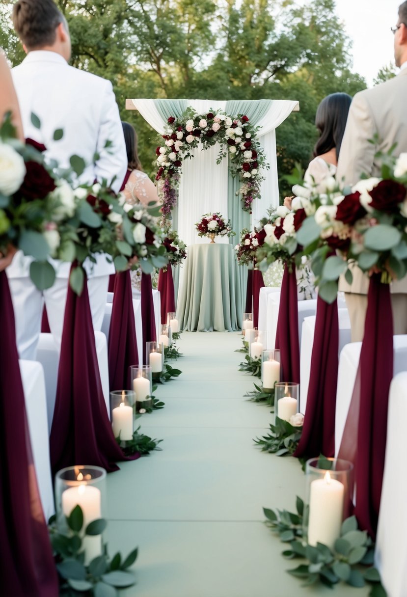 A wine red and sage green ceremony aisle adorned with floral arrangements and fabric draping