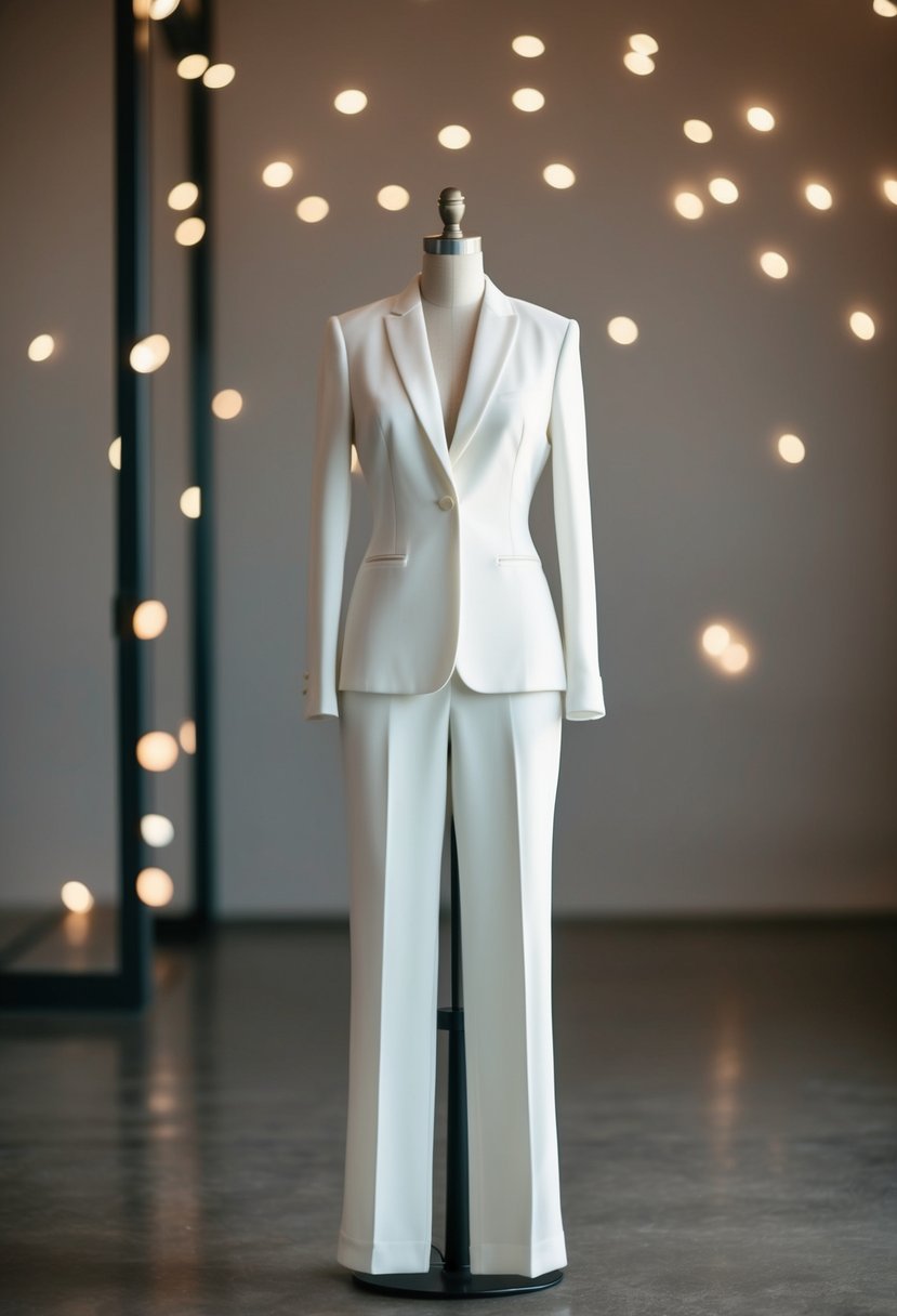 A minimalist bridal pantsuit on a sleek mannequin