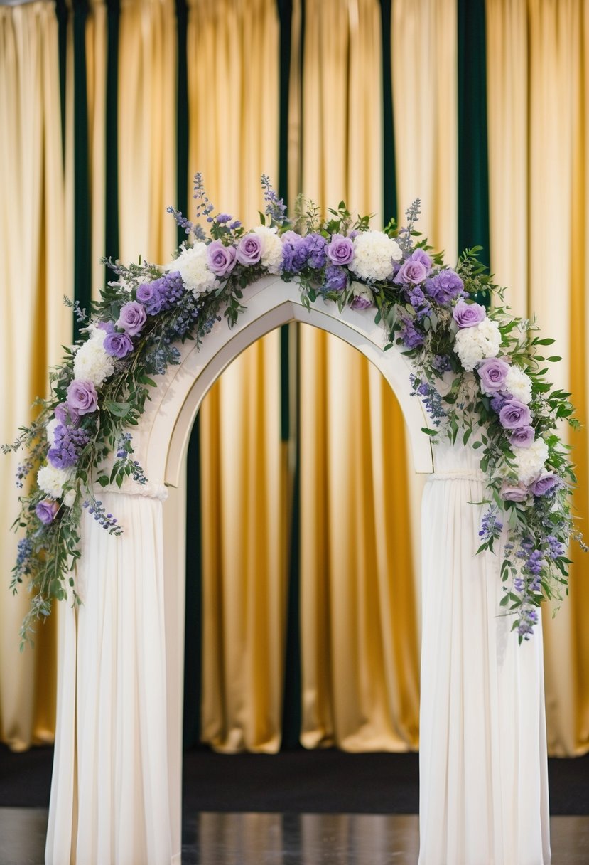 An ivory and gold wedding arch adorned with lavender flowers, set against a backdrop of gold wedding color accents