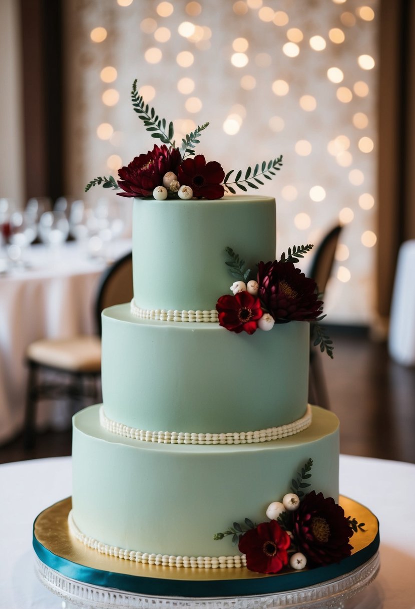 A three-tiered sage green wedding cake with wine red floral accents