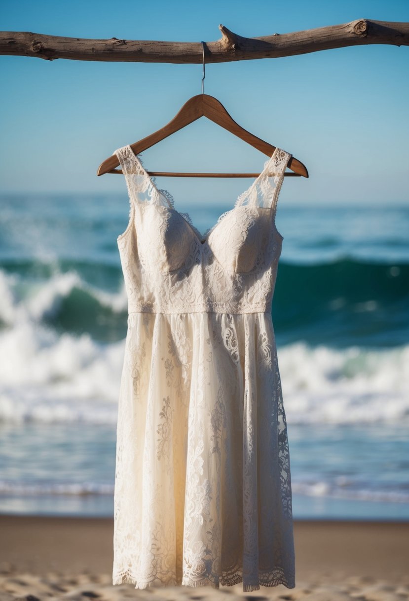 A delicate lace dress hangs on a driftwood hanger against a backdrop of sandy beach and crashing waves