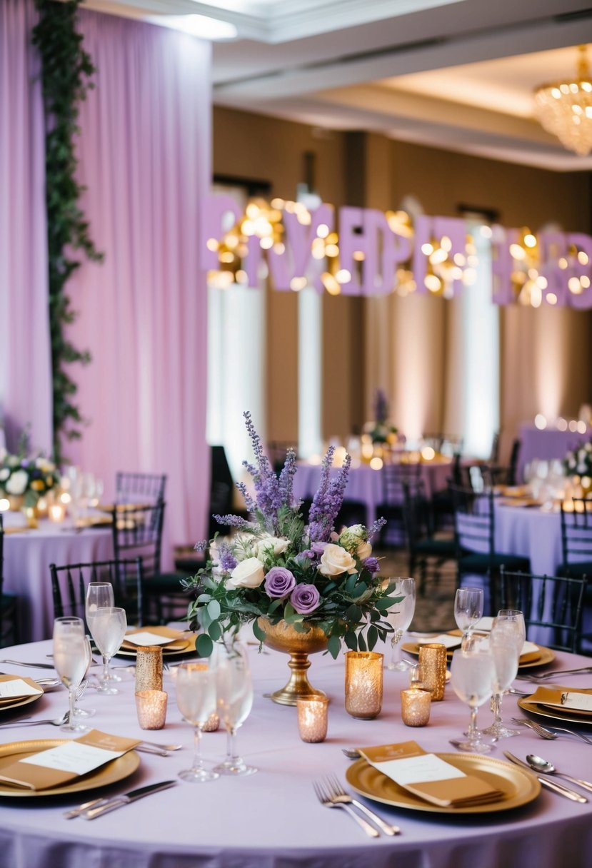 A beautiful reception area with lavender and gold decor, including signage and wedding color inspiration