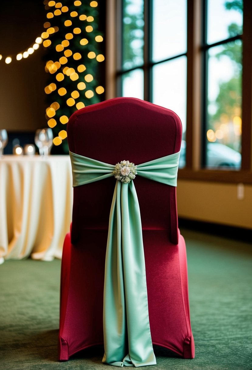 A wine red reception chair with sage green sashes