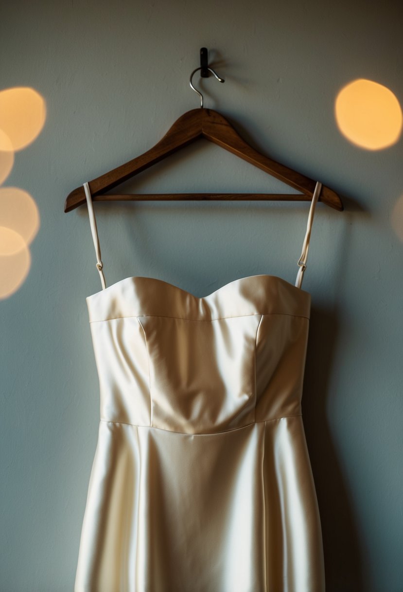 A single strapless silk dress hanging on a rustic wooden hanger, with soft lighting casting a warm glow over the fabric