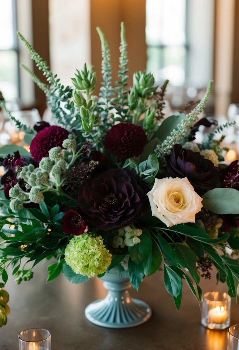 A lush floral centerpiece in sage and wine hues