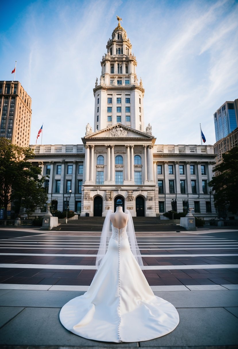 An elegant city hall with a simple wedding dress displayed in front of it