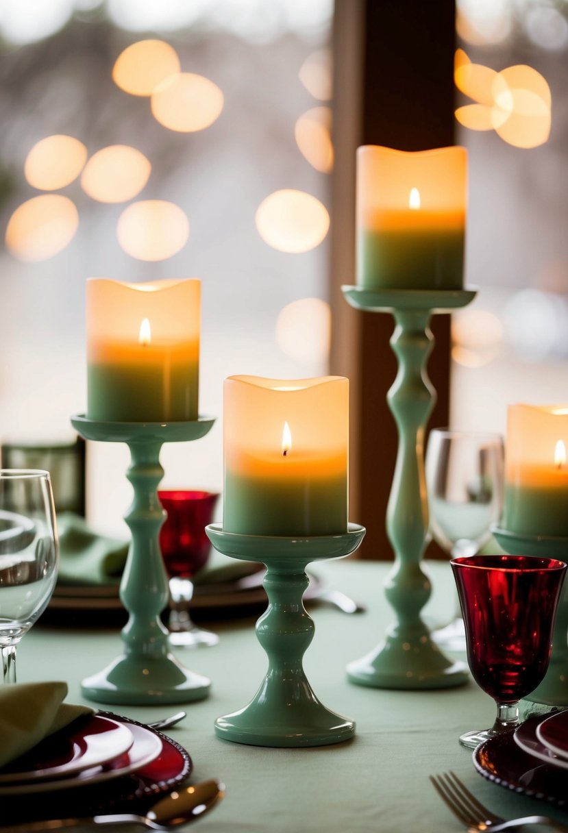 Sage green candle holders casting warm light on a table set with sage green and wine red wedding decor