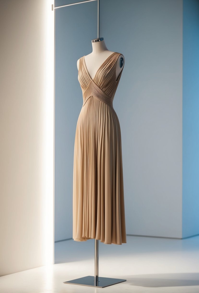 A flowing, sculptural midi dress hangs on a sleek modern mannequin, set against a minimalist backdrop with soft lighting