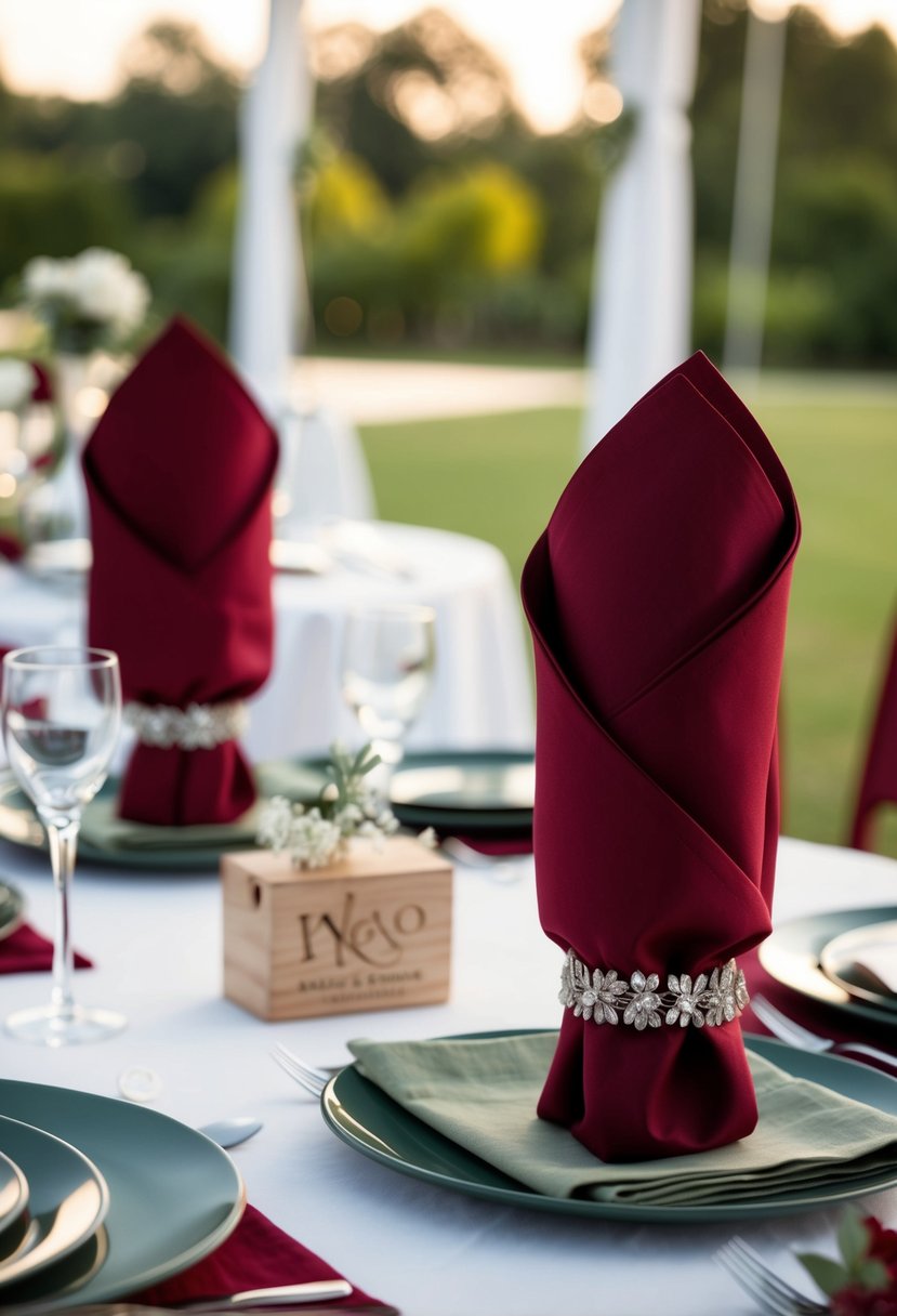 Wine red napkin holders arranged with sage green accents for a wedding table setting