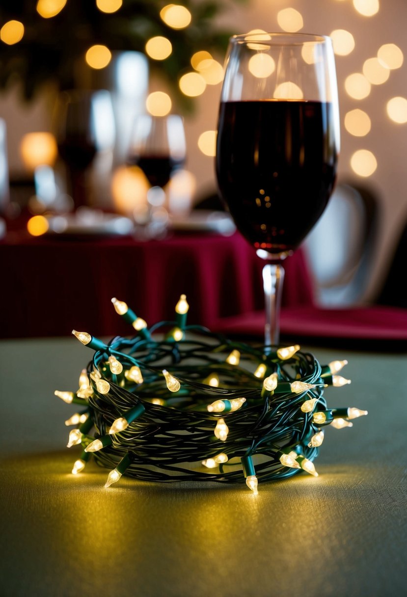 Sage green fairy lights intertwine with wine red decor for a wedding ambiance