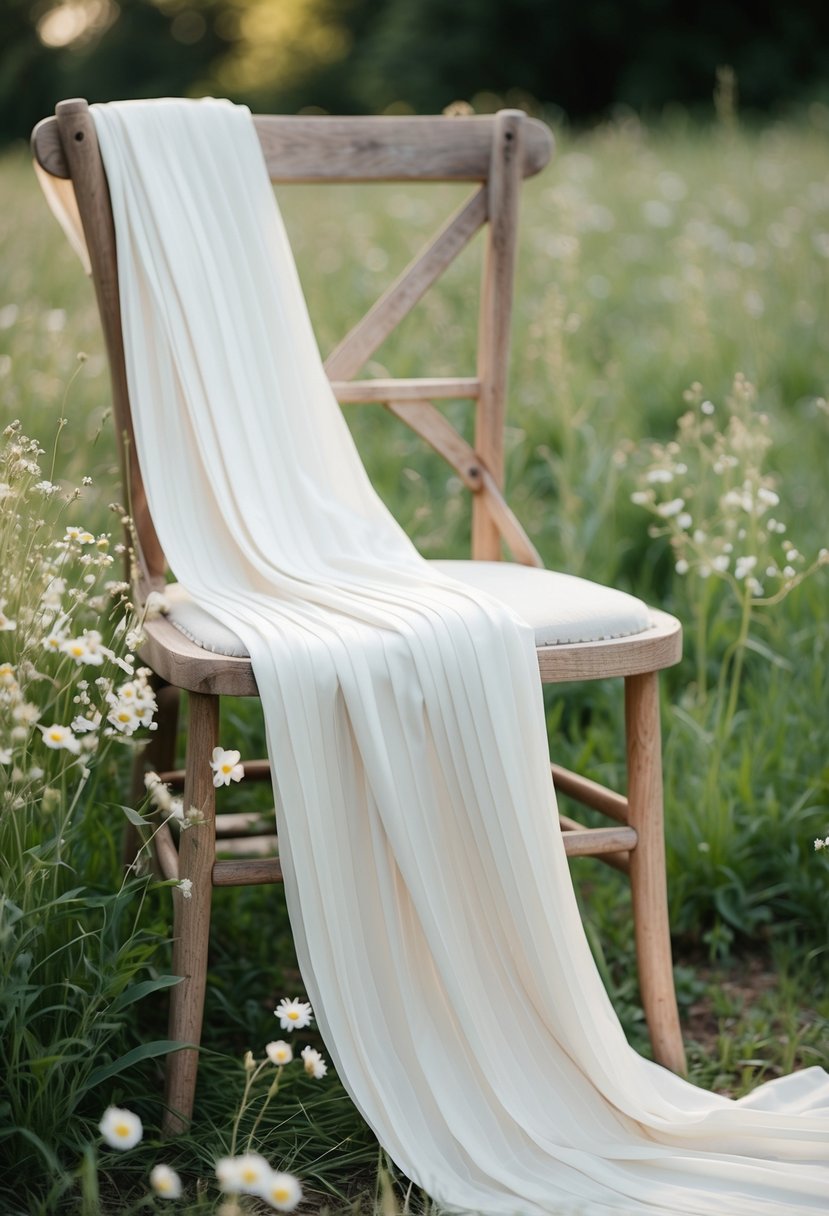 A serene outdoor setting with a flowing taffeta gown draped over a rustic wooden chair, surrounded by delicate wildflowers and soft natural lighting